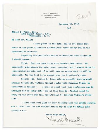 (SUPREME COURT.) BRANDEIS, LOUIS D. Three letters, each to Philip P. Wells: Two Typed Letters Signed * Autograph Letter Signed.